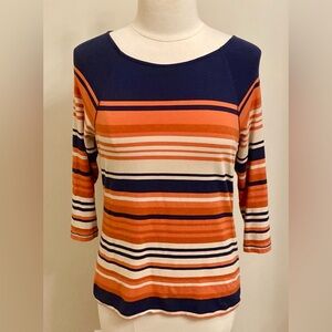 Christopher & Banks Petite Navy Blue Orange Striped 3/4 Sleeves Casual Top SZ SP